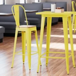 Brand new ✔️ LT&S Alloy Series Lancaster Table & Seating Alloy Series Yellow Metal Indoor Industrial Cafe Bar Height Stool With Vertical Slat Back And Natural Wood Seat 😀