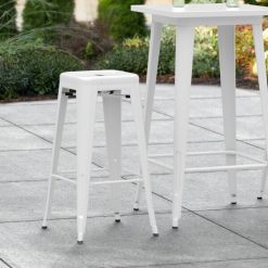 Outlet ???? LT&S Alloy Series Lancaster Table & Seating Alloy Series White Stackable Metal Indoor / Outdoor Industrial Barstool With Drain Hole Seat ✨