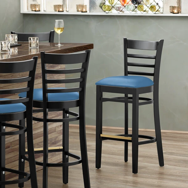 Cheapest 🤩 Lancaster Table & Seating Black Finish Wooden Ladder Back Bar Height Chair With Blue Padded Seat 👍