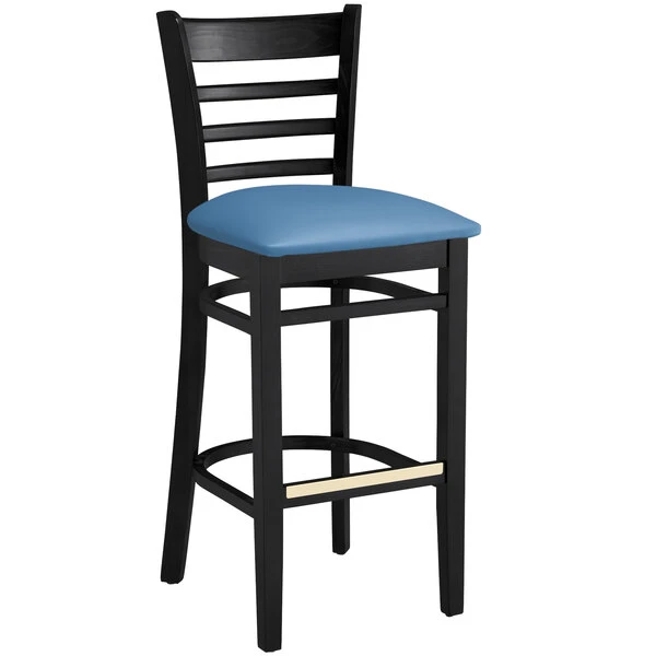 Cheapest 🤩 Lancaster Table & Seating Black Finish Wooden Ladder Back Bar Height Chair With Blue Padded Seat 👍 - Image 2