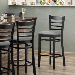 New ???? Lancaster Table & Seating Black Finish Wooden Ladder Back Bar Height Chair With Light Gray Padded Seat ????