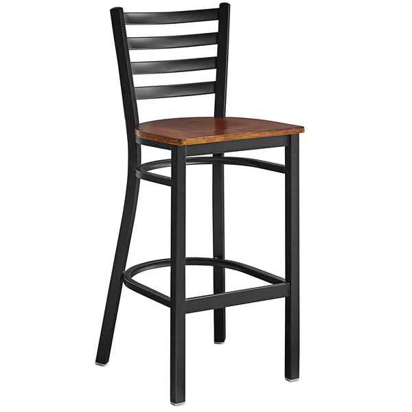 Best deal 👏 Lancaster Table & Seating Black Frame Ladder Back Bar Height Chair With Antique Walnut Wood Seat ⭐ - Image 2