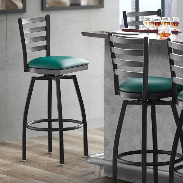 Outlet ๐ฏ Lancaster Table & Seating Black Top Frame Ladder Back Swivel Bar Height Chair With Green Padded Seat ๐