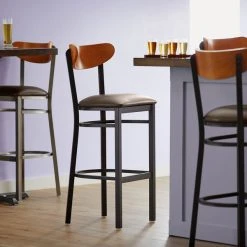 Best Sale 🔥 LT&S Boomerang Series Lancaster Table & Seating Boomerang Bar Height Black Chair With Dark Brown Vinyl Seat And Cherry Back ✔️