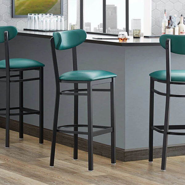 Best Sale 🥰 LT&S Boomerang Series Lancaster Table & Seating Boomerang Bar Height Black 🧥 Coat Chair With Green Vinyl Seat And Back ✔️