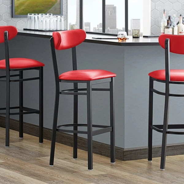 Hot Sale 🔔 LT&S Boomerang Series Lancaster Table & Seating Boomerang Bar Height Black 🧥 Coat Chair With Red Vinyl Seat And Back 🎉