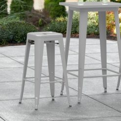 Hot Sale ???? LT&S Alloy Series Lancaster Table & Seating Alloy Series Silver Stackable Metal Indoor / Outdoor Industrial Barstool With Drain Hole Seat ????