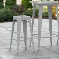 Hot Sale 🤩 LT&S Alloy Series Lancaster Table & Seating Alloy Series Silver Stackable Metal Indoor / Outdoor Industrial Barstool With Drain Hole Seat 🌟