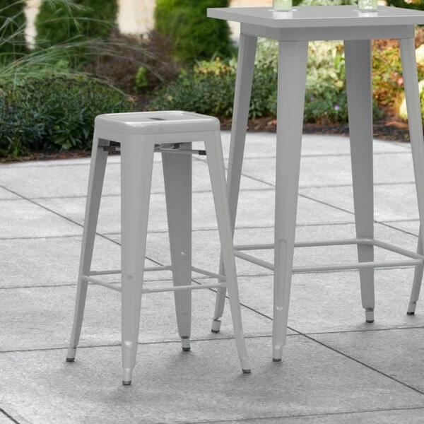 Hot Sale 🤩 LT&S Alloy Series Lancaster Table & Seating Alloy Series Silver Stackable Metal Indoor / Outdoor Industrial Barstool With Drain Hole Seat 🌟