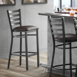 Hot Sale 👏 Lancaster Table & Seating Black Frame Ladder Back Bar Height Chair With Dark Brown Padded Seat 👏