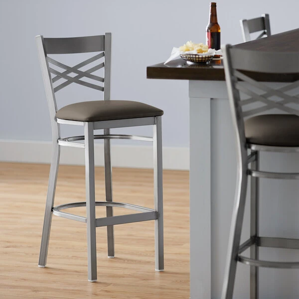Discount 🛒 Lancaster Table & Seating Clear 🧥 Coat Cross Back Bar Height Chair With Taupe Padded Seat 🤩