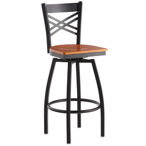 Best Pirce ⭐ Lancaster Table & Seating Cross Back Bar Height Black Swivel Chair With Cherry Wood Seat 💯 - Image 2