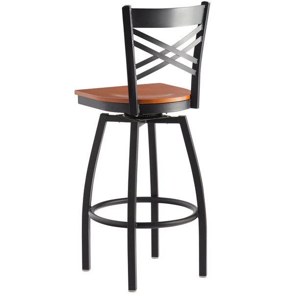 Best Pirce ⭐ Lancaster Table & Seating Cross Back Bar Height Black Swivel Chair With Cherry Wood Seat 💯 - Image 3